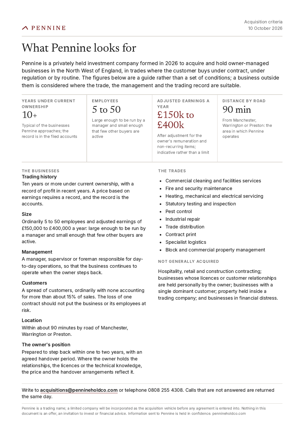 First page of Acquisition criteria