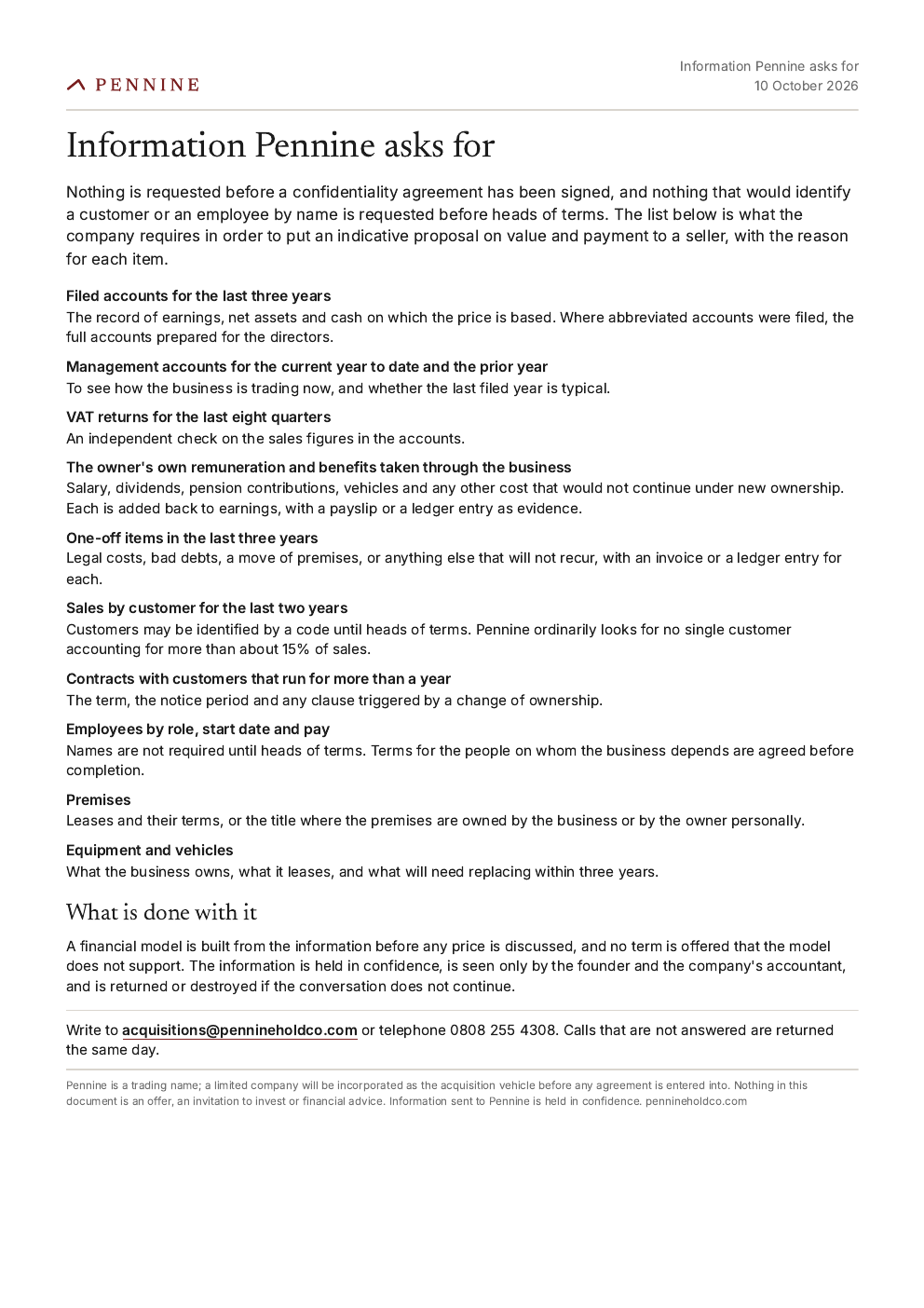 First page of Information Pennine asks for