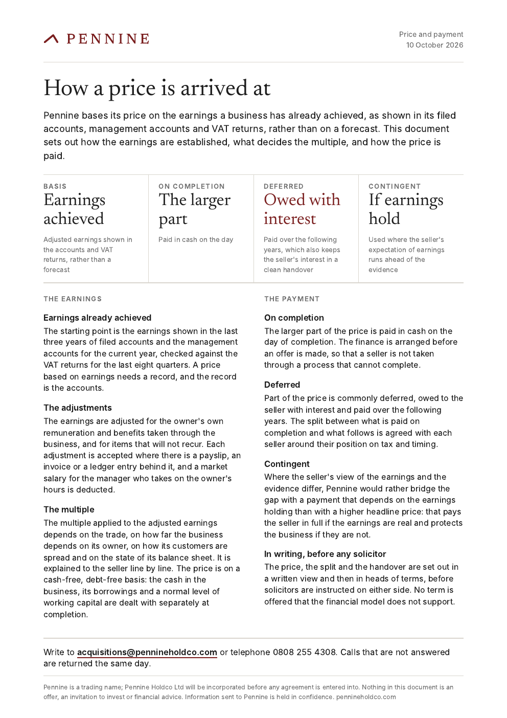First page of Price and payment